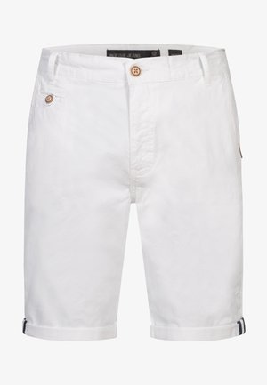 Hvide linned shorts med to frontlommer, knaplukning og opsmøg med en kontrasterende stofdetalje.