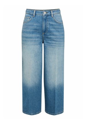 Modré džíny s vysokým pasem a širokými nohavicemi, přední knoflíky, kapsami a jemným vyblednutím od poloviny stehna po lem.