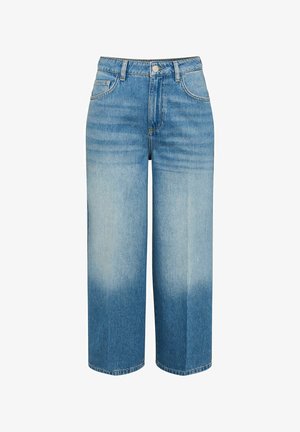 Blaue, hoch taillierte Jeans mit weitem Bein, vorderen Knöpfen, Taschen und subtilen Verblassungen von der Mitte des Oberschenkels bis zum Saum.