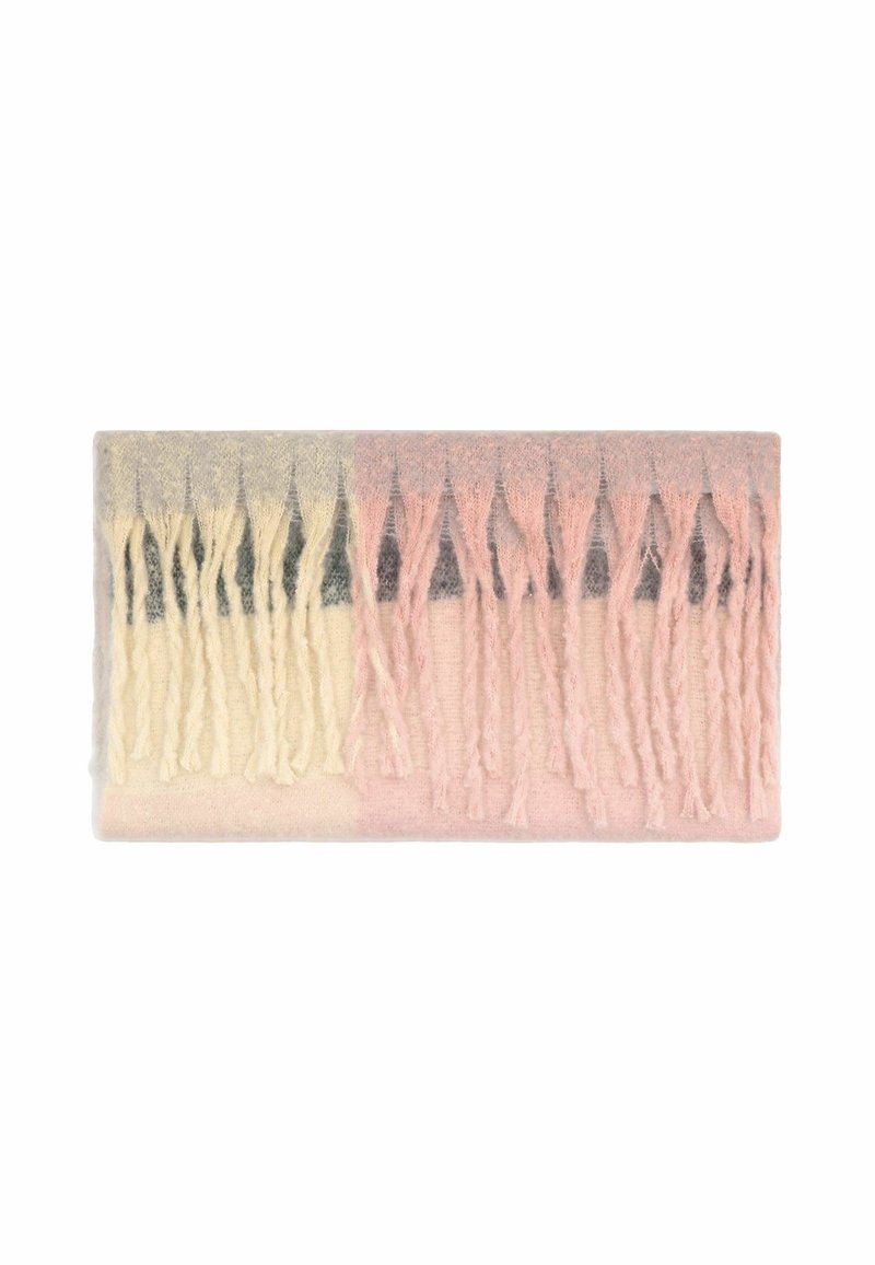 Uldentekstil med en gradient fra grå til pink, med frynsede kanter og en blød, struktureret overflade.