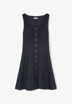 Ærmeløs mørk denimkjole med rund halsudskæring, indsnævret talje, A-formet nederdel og knaplukning foran med ni knapper.