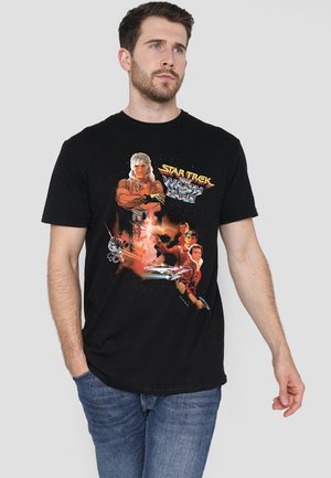 Black cotton t-shirt featuring a graphic print of characters from "Star Trek II: The Wrath of Khan" with vibrant colors and space elements.