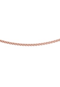 Collana in oro rosa con maglie intrecciate, texture liscia e design piatto, adatta per essere indossata a strati o da sola.