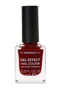 Vernis à ongles effet gel Korres en rouge profond, flacon en verre de 11 ml avec un bouchon noir mat. L'étiquette contient du texte blanc et des détails sur les ingrédients.