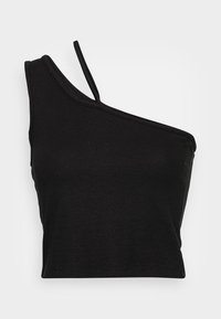 Top crop preto canelado com um ombro e decote assimétrico. Tecido macio e elástico, design justo e acabamento de barra limpa.