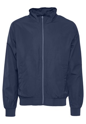 Navy blue lightweight bomber jacket with a collar, full zipper, and elastic cuffs. Contains side pockets and smooth, shiny fabric texture.