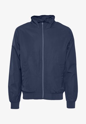 Navy blue lightweight bomber jacket with a collar, full zipper, and elastic cuffs. Contains side pockets and smooth, shiny fabric texture.