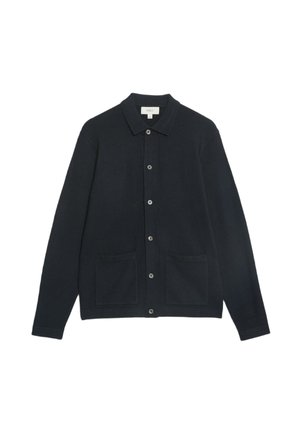 Cardigan navy realizzato in tessuto morbido, con chiusura a bottoni, colletto a piatte e due tasche frontali per la conservazione.
