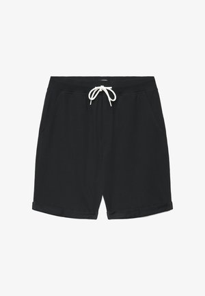 Pantaloncini neri in cotone con vita a coulisse, tasche laterali e risvolti arrotolati. Il tessuto è liscio con una texture sottile.