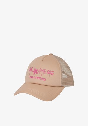 Gorra de camionero beige con parte trasera de malla, diseño frontal en rosa con tres palmeras, una estrella de mar y la palabra "BILLABONG".