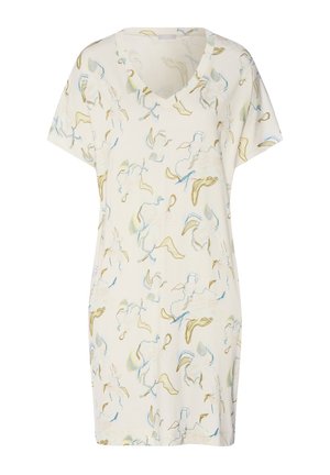 Nattkjole med korte ærmer lavet af blødt, let stof i cremefarve, med en v-udskæring og et hvirvlende blomstermønster i blå og guld.