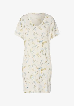 Pehmeästä, kevyestä kankaasta valmistettu lyhythihainen yöpaita kermanvärisenä, jossa on V-aukko ja sinisen ja kullan värinen pyörteilevä kukkakuvio.