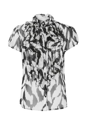 Melna un balta svītrota blūze ar augstu apkakli, īsām piedurknēm un rakstainu caurspīdīgu audumu ar izteiktiem triecieniem un smalku tekstūru.