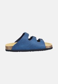 Blaue Wildleder-Sandale mit drei verstellbaren Riemen, Korkfußbett und strukturiertem Gummisohle. Glatte Oberfläche mit runder Zehenform.