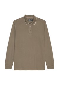 Langärmliges Polohemd in Beige mit einem kontrastierenden Kragen und einer Drei-Knopf-Leiste. Der Stoff wirkt weich und hat eine glatte Textur.