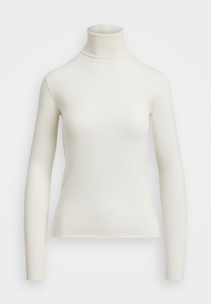 Balts turtlenecks džemperis, izgatavots no ribota trikotāžas auduma, ar garām piedurknēm un pieguļošu siluetu. Gluda tekstūra un minimālistisks dizains.