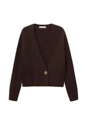 Cardigan court marron avec un décolleté en V profond, des manches longues, un ourlet côtelé et une fermeture à bouton doré à l'avant. Matériau en tricot doux.