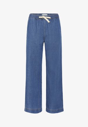 Kék farmer széles lábú nadrág, elasztikus derékkal és krémszínű zsinórral, sima textúrával és tiszta szegésekkel.