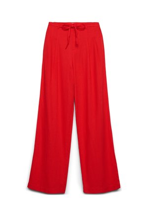 Pantalon rouge taille haute à jambes larges avec ceinture en tissu nouée et plis devant, présenté sur fond blanc.