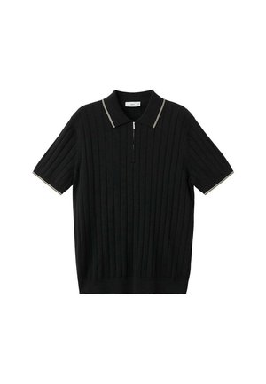 Polo nera a maniche corte con costine verticali, chiusura frontale con zip e bordatura bianca su collo e orli delle maniche.