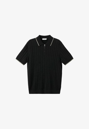 Polo nera a maniche corte con costine verticali, chiusura frontale con zip e bordatura bianca su collo e orli delle maniche.