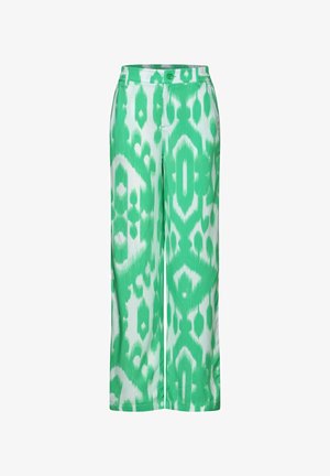 Szerokie spodnie w zielono-białym wzorze ikat, z gładką fakturą, z zapięciem na guzik oraz swobodnym krojem.