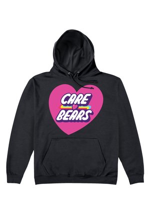 Czarna bluza z kapturem z wyraźnym różowym sercem oraz napisem "CARE BEARS" w białym i fioletowym kolorze, z kieszenią z przodu i sznurkiem w kapturze.