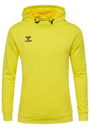 Geel hoodie van gestructureerde stof. Bevat een voorzak, een verstelbaar trekkoord en een logo aan de bovenkant van de linkerzijde.