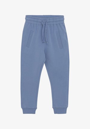 Lichtblauwe joggingsbroek van zachte stof, met een elastische tailleband en een trekkoord, en twee zijzakken. Tapse boorden bij de enkels.