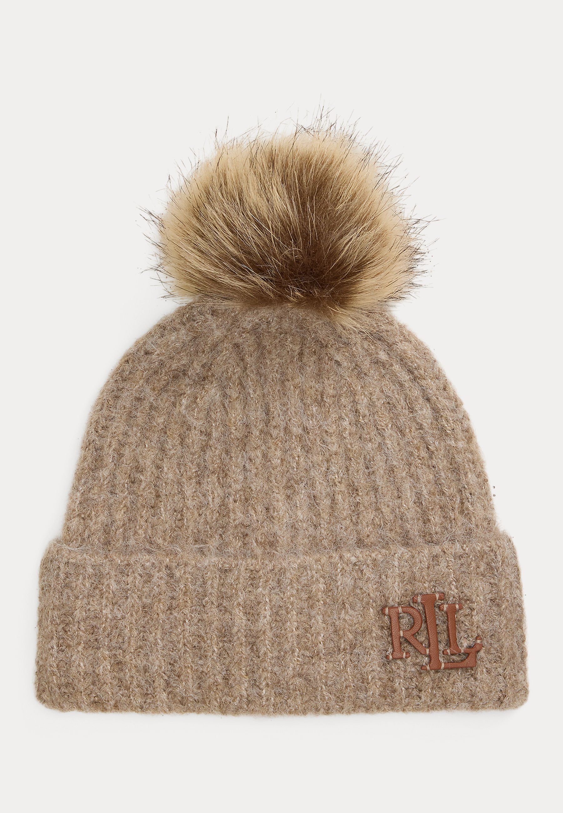 NWT Women\'s Lauren Ralph Lauren Cream Beanie with Tan Faux Fur Pom-Pom s7-1466401_lifestyle?$rl_4x5_zoom$ main image 3