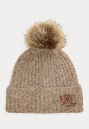 Lauren Ralph Lauren LEATHER TRIM POM POM KNIT BEANIE - Pipo - taupe