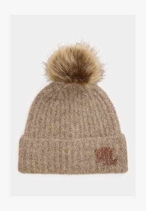 Lauren Ralph Lauren LEATHER TRIM POM POM KNIT BEANIE - Megzta kepurė - taupe