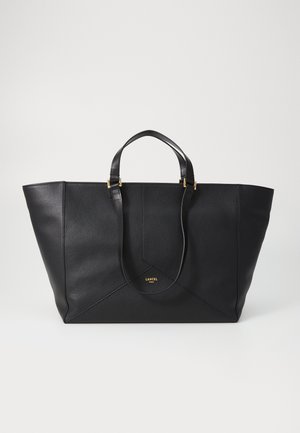Black leather tote bag with structured shape, textured finish, dual top handles, and gold logo detail at the front center.