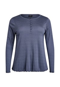 Langärmliges blaues Oberteil aus weichem Material mit Rundhalsausschnitt, Knopfleiste und Rüschensaum. Lässiger Schnitt und strukturierte Oberfläche.