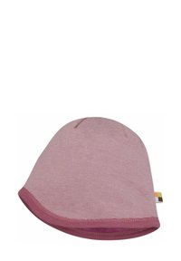 Gestreifte Beanie-Mütze in verschiedenen Rosatönen, aus einem weichen Stoff mit einer runden Krone und einem umgeschlagenen Rand. Mit einem kleinen mehrfarbigen Etikett.