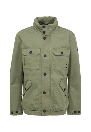 Olivgrüne Jacke aus Baumwollmischung, mit hohem Kragen, mehreren Fronttaschen und schwarzen Knopfverschlüssen.