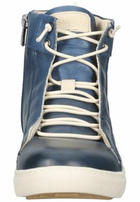 Blauwe leren hoge sneakers met witte veters, zichtbare stiksels, dubbele ritsaccenten en een gestructureerde crème rubberen zool.