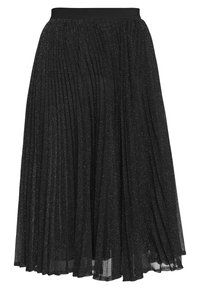 Mustapleated-hame, jossa on leve�ä joustava vyötärö. Valmistettu kevyestä, läpinäkyvästä kankaasta, jossa on kimaltava pinta. Putoo polven puoliväliin asti.