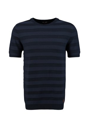 Pull en tricot bleu marine à rayures à manches courtes. Il présente des teintes contrastées, un col rond et des poignets et un ourlet côtelés.