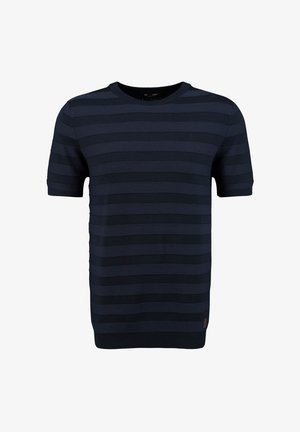 Suéter de manga corta a rayas azul marino, hecho de tela de punto. Presenta tonos contrastantes, un cuello redondo y puños y dobladillo acanalados.