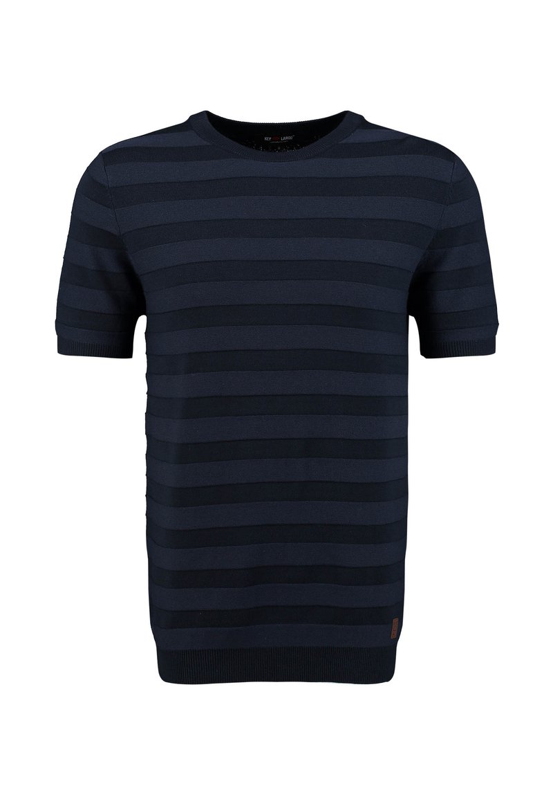 Maglione a maniche corte a righe blu navale realizzato in tessuto lavorato a maglia. Presenta tonalità a contrasto, un collo rotondo e polsini e orlo a coste.