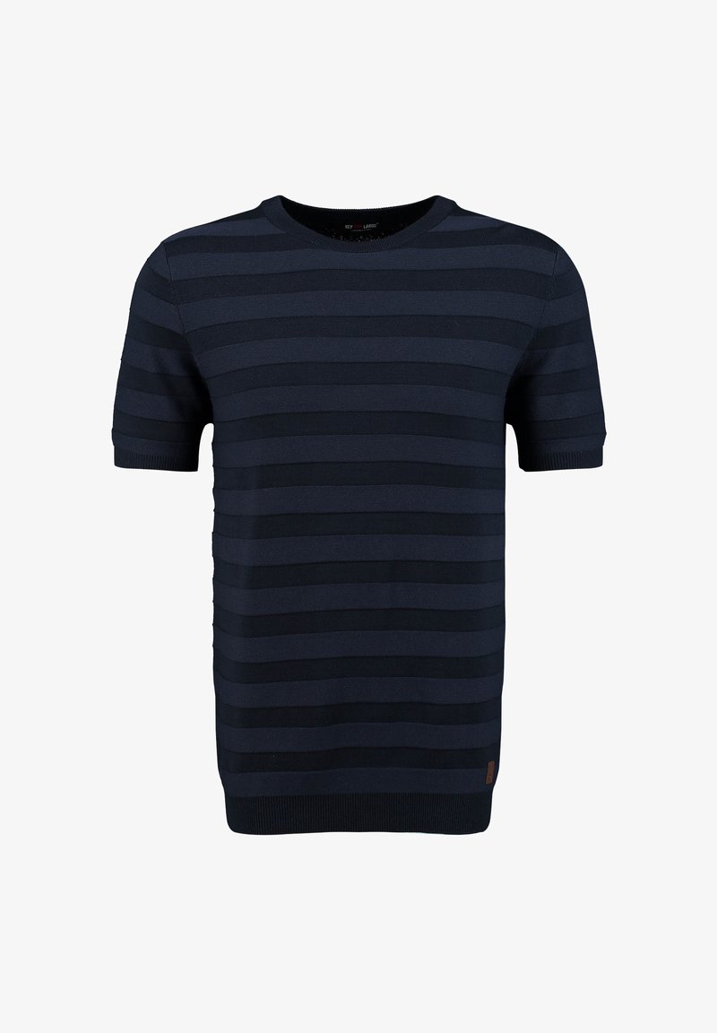 Suéter de manga corta a rayas azul marino, hecho de tela de punto. Presenta tonos contrastantes, un cuello redondo y puños y dobladillo acanalados.