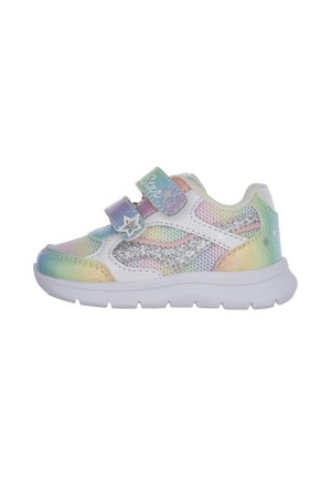 Scarpe da ginnastica multicolore per bambini con base bianca, materiale a rete, due cinturini regolabili in Velcro e un accento a stella scintillante.