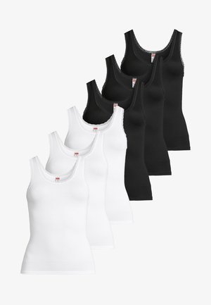 Set of three white and three black sleeveless women's tank tops with lace trim on necklines, arranged in overlapping rows.