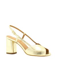 Gouden metallic slingback hakken sandalen met open teen, blokhak en verstelbare band. Gladde textuur met een minimalistisch ontwerp.