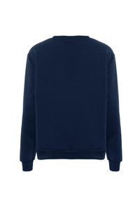 Navy modrý sveter s okrúhlym výstrihom, dlhými rukávmi, rebrovanými manžetami a lemom a hladkým, textúrovaným materiálom. Iba pohľad zozadu.