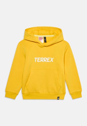 Gelber Kapuzenpullover mit Fronttasche und weißem "TERREX"-Text auf der Brust, langen Ärmeln und kleinem schwarzem Logotag nahe dem Saum.