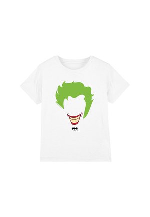 White t-shirt featuring a green caricature of a face with a wide, red smile and a black Batman logo below. Short sleeves, cotton material.