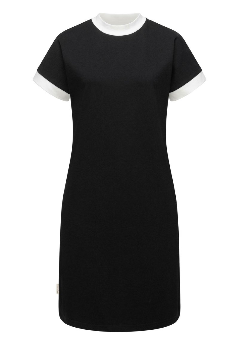 Schwarzes Baumwollkleid mit einem lockeren Schnitt, kurzen Ärmeln mit weißem Saum und einem weißen Kragen. Besitzt einen geraden Saum und minimale Details.