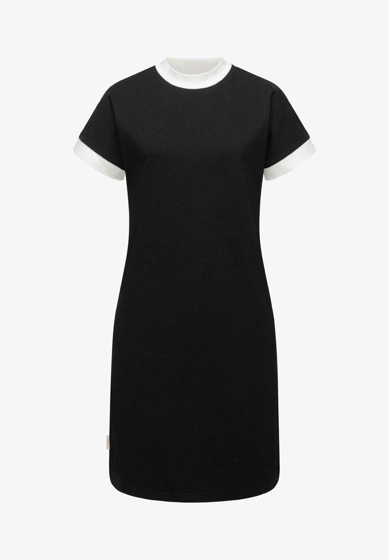 Schwarzes Baumwollkleid mit einem lockeren Schnitt, kurzen Ärmeln mit weißem Saum und einem weißen Kragen. Besitzt einen geraden Saum und minimale Details.